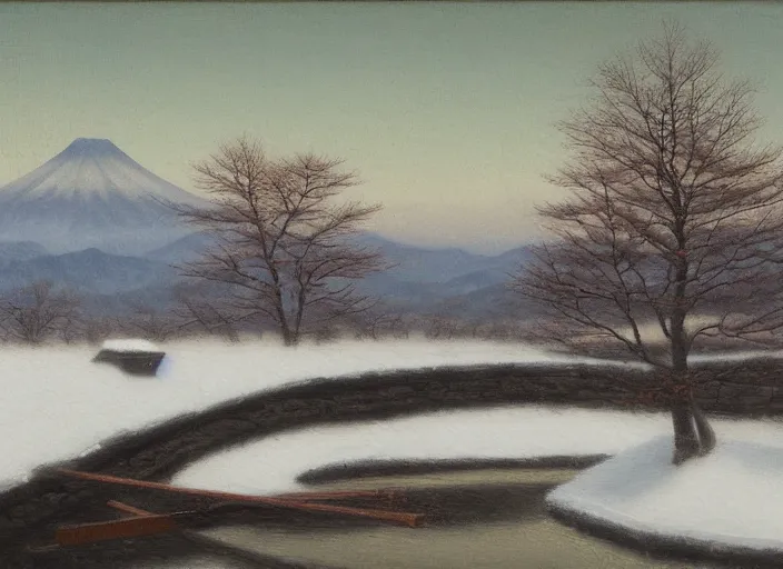 Prompt: hokkaido in winter, japan in the style of hudson river school of art, oil on canvas