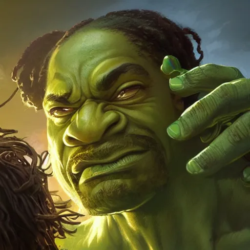 Image similar to snoop dog as big as hulk fights giant ganja plant, cinematic lighting, highly detailed, concept art, art by wlop and artgerm and greg rutkowski, masterpiece, trending on artstation, 8 k