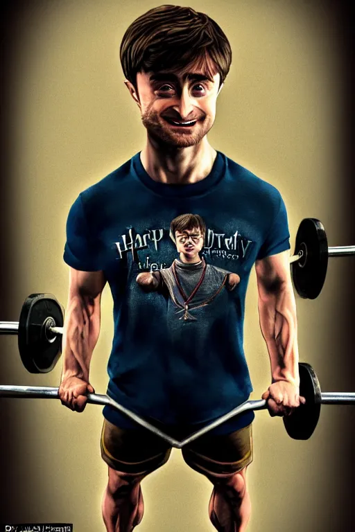 Image similar to highly detailed rendering of Daniel Radcliffe as Harry Potter doing barbell back squats, dingy workout gym, wearing a muscle tee shirt, muscular deep squats, symmetrical, highly detailed, digital painting, artstation, concept art, smooth, sharp focus, illustration, cinematic lighting, art by artgerm and greg rutkowski and alphonse mucha
