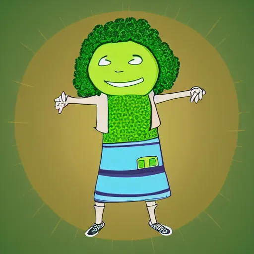 Image similar to a dancing broccoli, he is very happy, children illustration