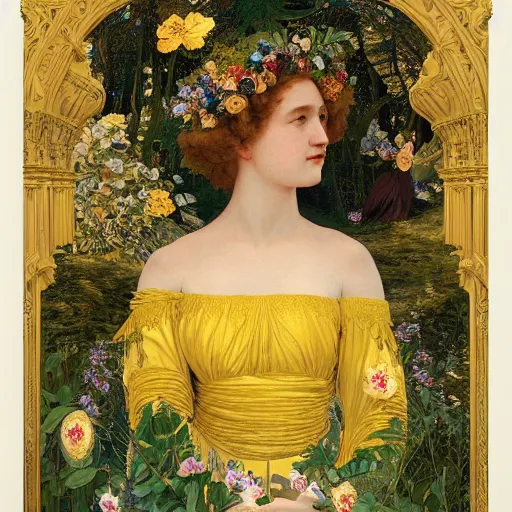 Image similar to masterpiece beautiful seductive flowing curves preraphaelite face midsommar portrait of julia garner as the may queen, flower crown, amongst leaves, yellow ochre ornate medieval dress, amongst foliage, gold gilded circle halo, kilian eng and frederic leighton and rosetti, 4 k