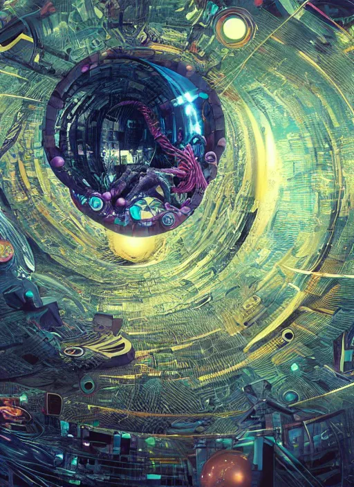 Image similar to a machine god in the machine universe encounters a living being organic cosmos inside an asymmetric orthogonal non - euclidean upside down inside out world with an infinite cosmic spiral waterfall of living information, inspired by android jones and beeple, hyperrealistic, extreme detail, digital art, concept art, rendered in cinema 4 d, cryengine 8 k