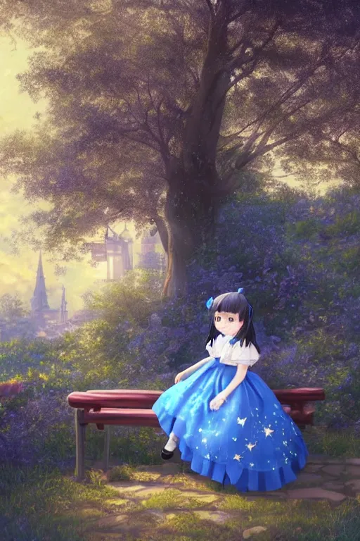 Image similar to a beautiful hyperdetailed portrait render of black - haired little girl in a blue lolita dress with stars and petticoat sitting on a bench in a botanical garden, atmospheric lighting, style of makoto shinkai, raphael lacoste