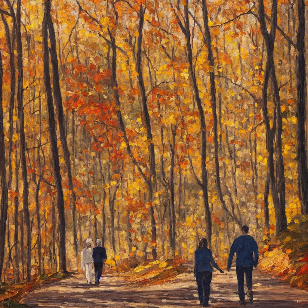 Image similar to modern american realist oil painting of couple walking together in the late afternoon golden hour light in the dense forest of gatineau park in october