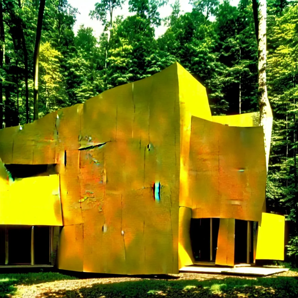 Image similar to a flat leveled house with big tiles in a forest, designed by Frank Gehry and more van der rohe. Film grain, cinematic, yellow hue