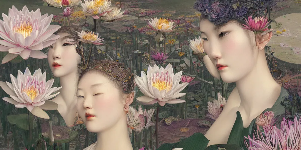 Image similar to breathtaking detailed concept art painting art deco pattern of blonde faces goddesses amalmation water lily flowers with anxious piercing eyes and blend of flowers and birds, by hsiao - ron cheng and john james audubon, bizarre compositions, exquisite detail, extremely moody lighting, 8 k