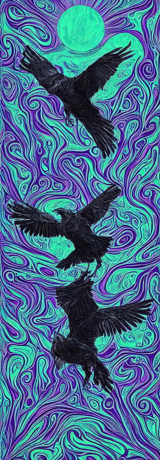 Prompt: psychedelic monochromatic artwork of a raven combined with a deer and an owl that is also a window into the ocean by didier comes