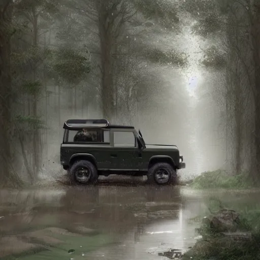 Image similar to a landrover crossing a forest path while its raining, digital art, artstation, photgraphy, highly detailed, digital painting, artstation, concept art, sharp focus, illustration, art by greg rutkowski and artgerm