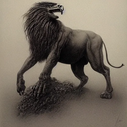 Image similar to a creature with the body and eyes of a man, with the beak of an eagle, the mane of a lion, and the horn of an bull. drawn by zdzislaw beksinski