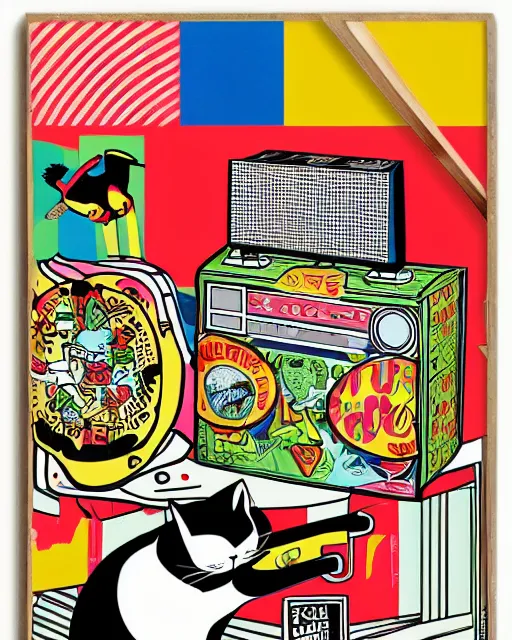 Image similar to small pop art collage mural with a cat, skateboard, boombox, american flag, a large taco, and a bird of paradise plant, by Alex Yanes