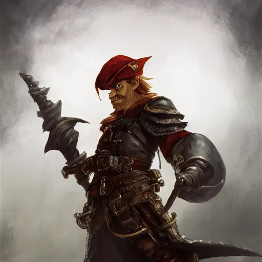 Image similar to handsome grinning ginger elf rogue, tricorne pirate captain hate, naval background, D&D, fantasy, cinematic lighting, centered, symmetrical, highly detailed, digital painting, artstation, concept art, smooth, sharp focus, illustration, volumetric lighting, epic Composition, 8k, art by Akihiko Yoshida and Greg Rutkowski and Craig Mullins, oil painting, cgsociety