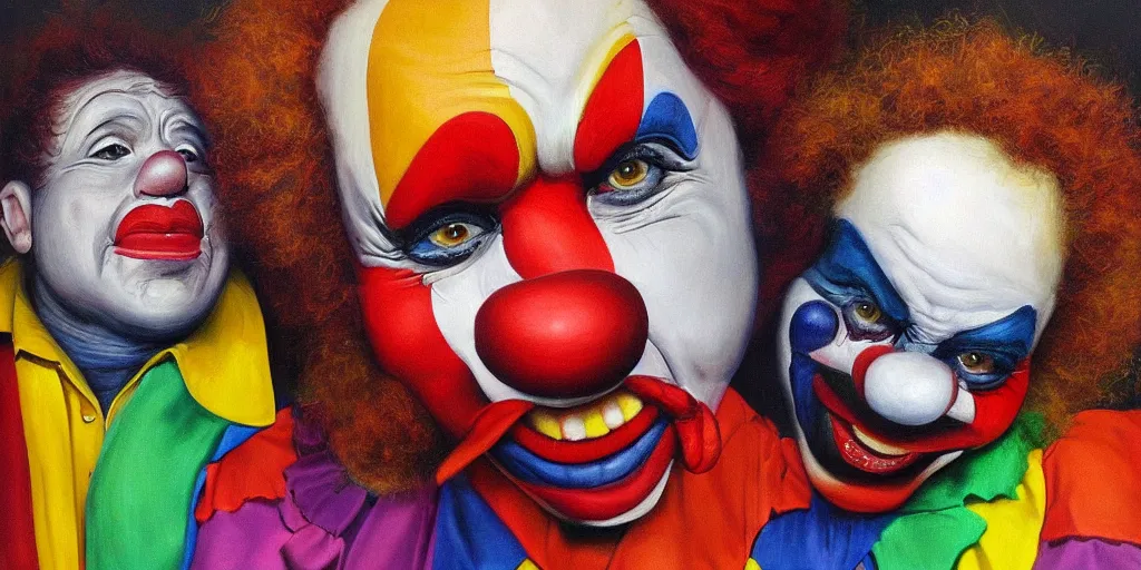 Prompt: a clown riding another clown high resolution amazing realistic painting