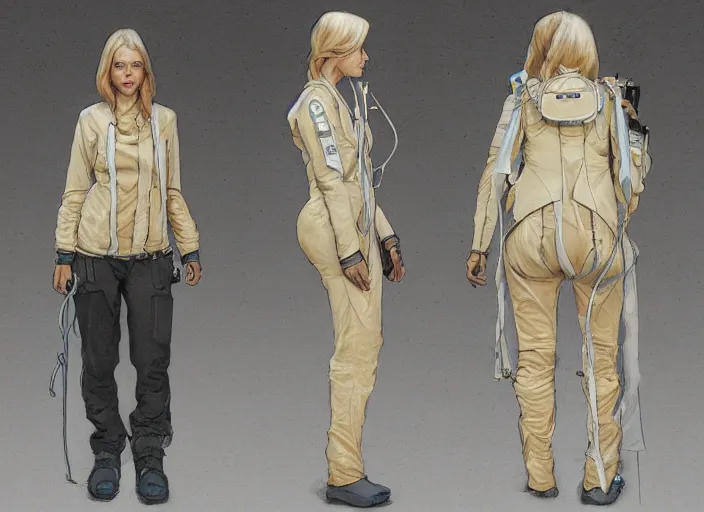 Image similar to front and back character view of a woman in scientist's jacket with a system of straps and pouches for collecting material by Donato Giancola, Trending on artstation, cgsociety and pixiv clean sci-fi concept art and sheet