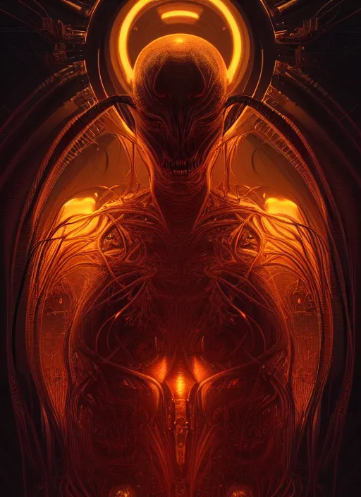 Prompt: symmetry!! portrait of grotesque alien, sci - fi, glowing lights!!, horror, intricate, elegant, dark design, highly detailed, dark lighting, digital art, digital painting, artstation, smooth, sharp focus, illustration, art by artgerm and h r giger and greg rutkowski and alphonse mucha, 8 k