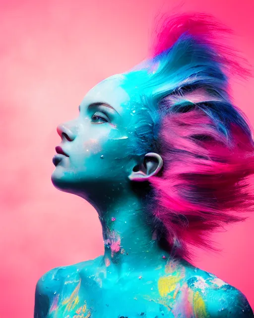 Image similar to a dramatic lighting photo of a beautiful young woman with cotton candy hair. paint splashes. with a little bit of cyan and pink