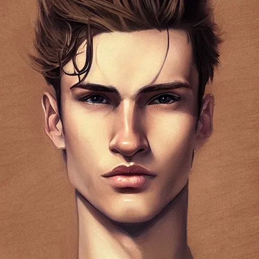 Image similar to man in his twenties with brown blond short quiff hair and thin slightly round facial structure with cleft chin, bumpy nose, good definition of cheekbones, Alert brown eyes, narrow face, slim body, atmospheric lighting, painted, intricate, 4k, highly detailed by Charlie Bowater