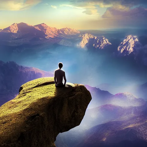 Image similar to photorealistic man meditates on a mountaintop, looking into the horizon, magical, impressive, infinity, sunset light, Atmospheric phenomenon, matte painting, dream-like award-winning digital art, muted colors, conceptual