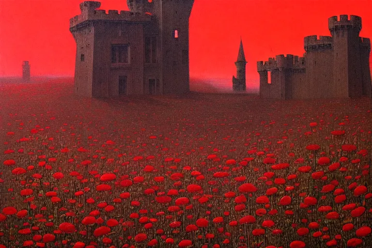 Image similar to only with red, red flowers of different types, a red tiger, a castle in the background, medieval demons dance over the flowers, an ancient path, in the style of beksinski, part by hopper, part by rodcenko, part by hofbauer, intricate composition, red by caravaggio, insanely quality, highly detailed, masterpiece, red light, artstation