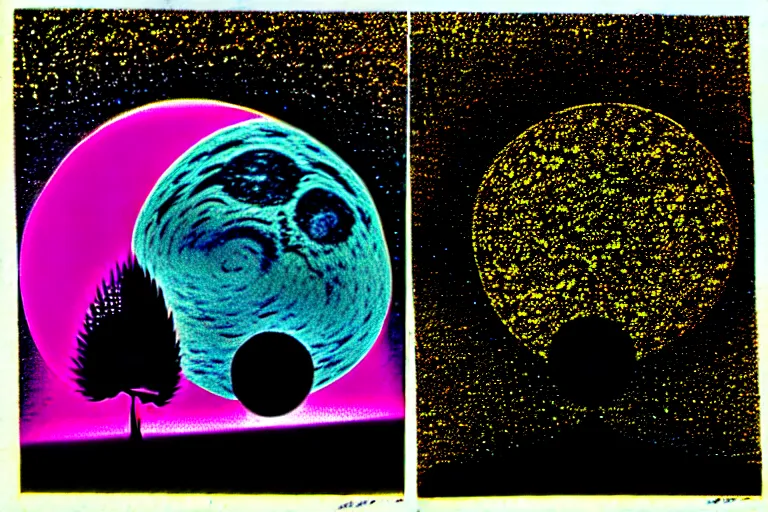 Prompt: surreal view of a parallel universe, very coherent and colorful high contrast, screen printing woodblock, dark shadows, hard lighting, stipple brush technique,