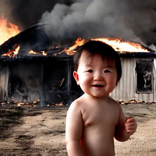 Prompt: evil baby justin sun with mischievous smile in front of burning house, cinematic composition
