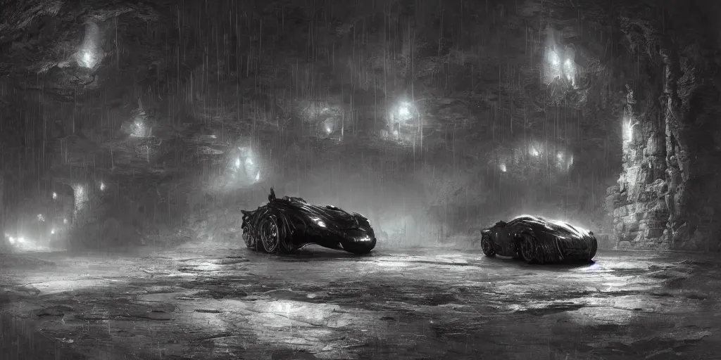 Image similar to the batmobile standing in a very dark and wet cave. highly detailed. intricate. mist. atmospheric. octane render. rim light. photoreal. 8 k. monochrome. cinematic. matte painting imagined by craig mullins and greg rutkowski. concept art, trending on artstation.