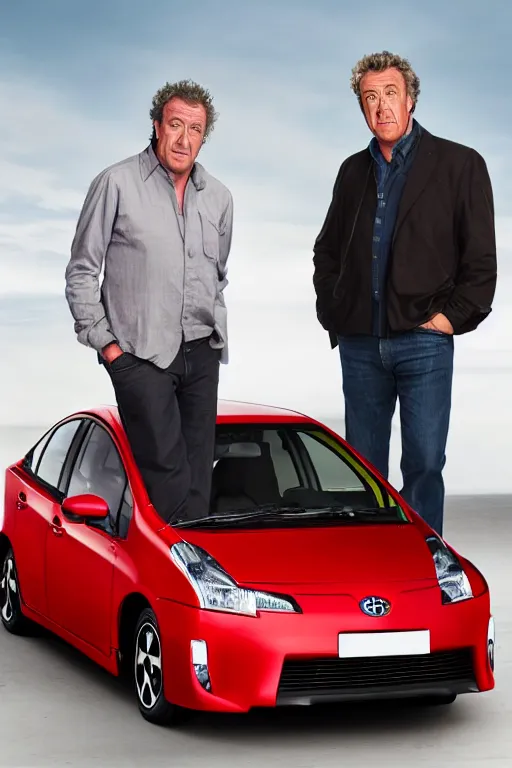 Prompt: jeremy clarkson driving a red toyota prius racing richard hammond