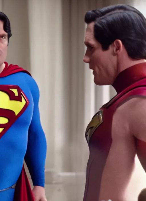Prompt: film still of george r. r. martin as superman in superman, 4 k