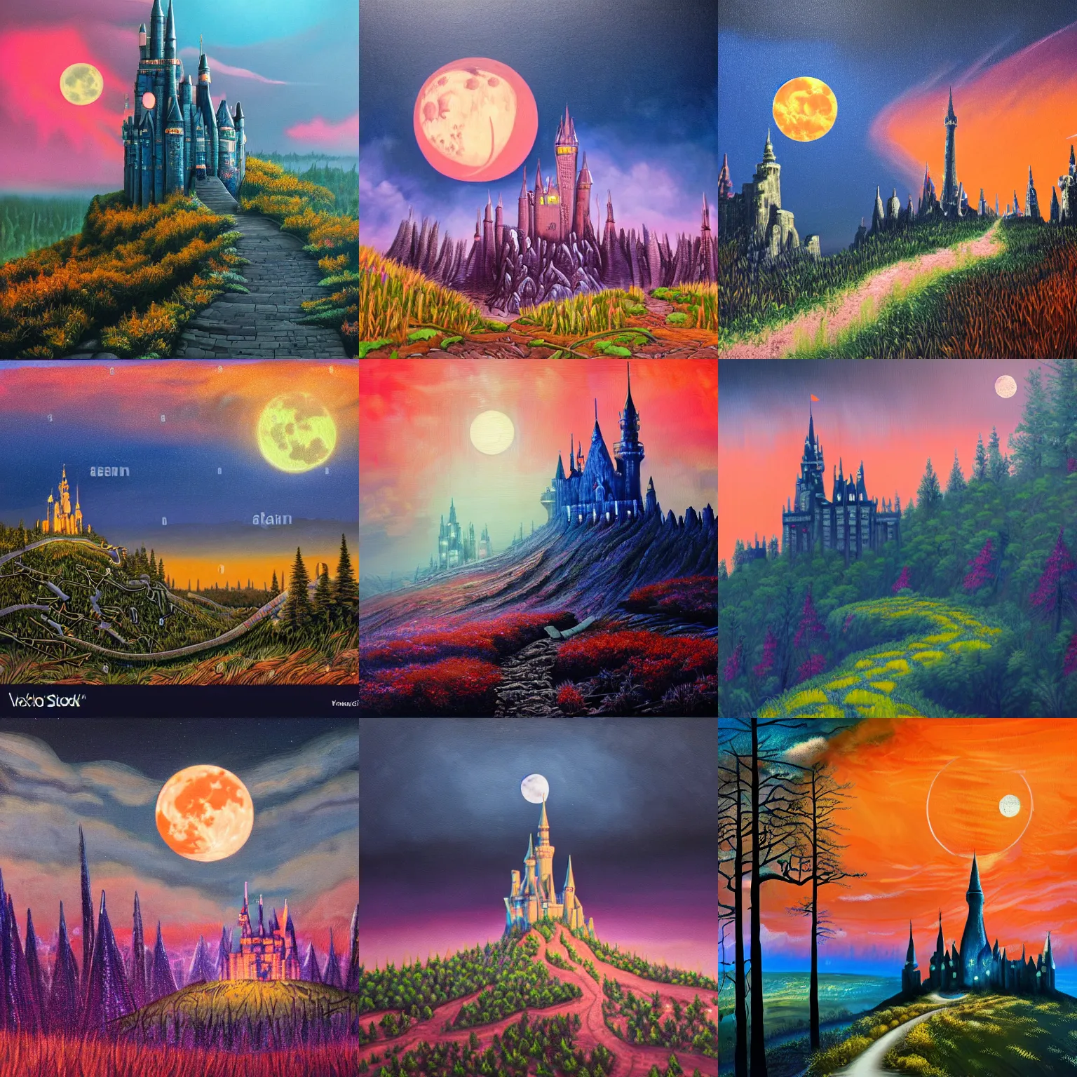 Prompt: detailed dystopic oil painting illustration of steep long zig - zag path to an evil sharp fantasy cinderella castle over a high dark blue hill, orange to pink gradient sky and thunderstorm background. forest underneath. full moon