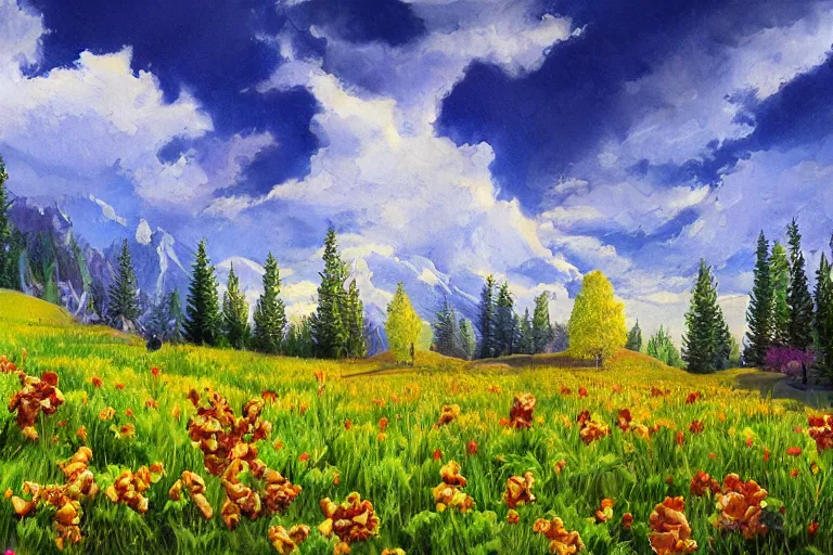 Image similar to popcorn meadows, fantasy art