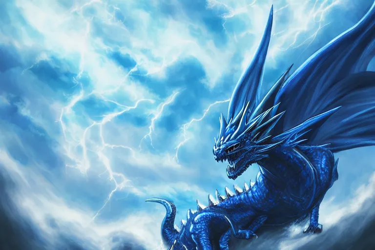 Image similar to majestic blue dragon surrounded by clouds and lightning, digital painting, mixed media, trending on artstation and deviantart, epic composition, centered, sharp focus, magnum opus, highly detailed, 8 k