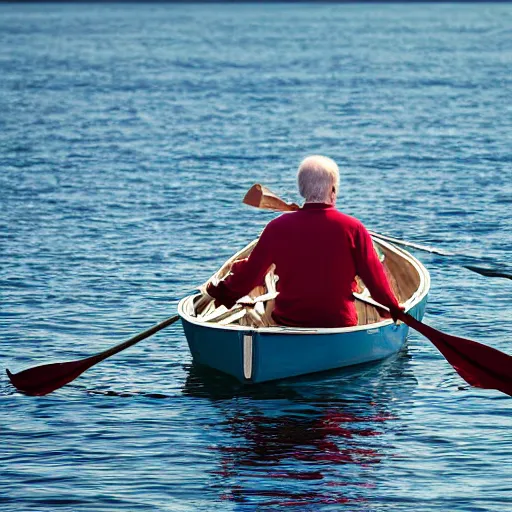 Prompt: 8k Photograph of Joe Biden in a rowboat on a lake. Dramatic. National Geographic.