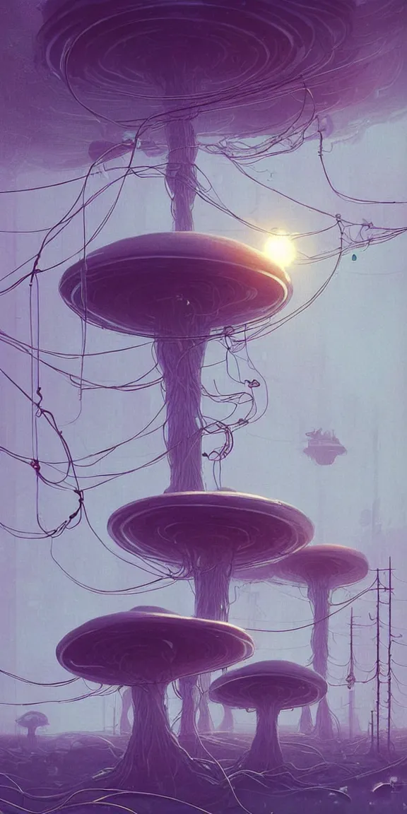 Image similar to mushroom starship with long tendrils, lots of hanging cables and wires, messy cords, sci - fi concept art, by john harris, by simon stalenhag, stunning, award winning