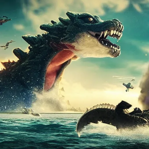 Prompt: gigantic 1 0 0 meters beagle dog fighting with godzilla over the sea, epic cinematic, 4 k, very high detail