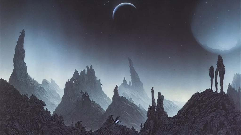 Image similar to eerie atmospheric alien worlds by michael whelan and bernie wrightson, epic cinematic matte painting