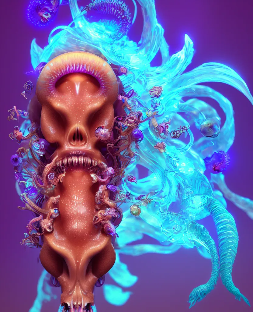 Image similar to goddess close-up portrait. chimera orchid jellyfish phoenix head, nautilus, skull, betta fish, bioluminiscent creatures, intricate artwork by Tooth Wu and wlop and beeple. octane render, trending on artstation, greg rutkowski very coherent symmetrical artwork. cinematic, hyper realism, high detail, octane render, 8k