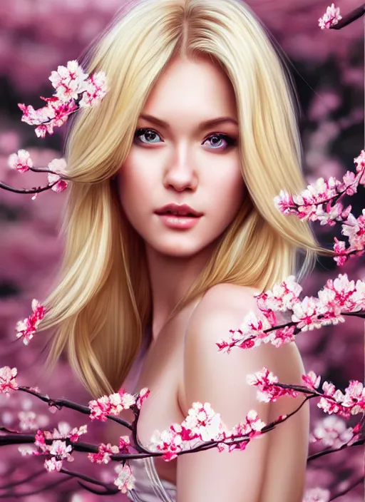 Image similar to photo of a gorgeous blonde female in the style of stefan kostic, realistic, half body shot, sharp focus, 8 k high definition, insanely detailed, intricate, elegant, art by stanley lau and artgerm, extreme blur cherry blossoms background