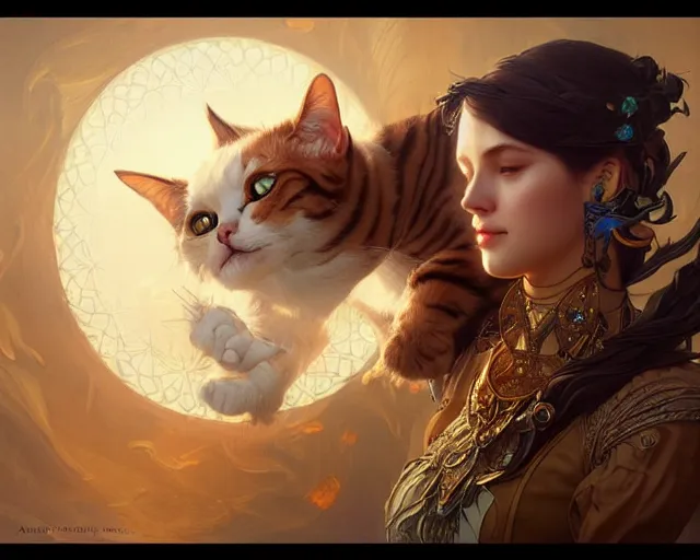 Image similar to photography of cat, fantasy, intricate, elegant, highly detailed, digital painting, artstation, concept art, matte, sharp focus, illustration, hearthstone, art by artgerm and greg rutkowski and alphonse mucha