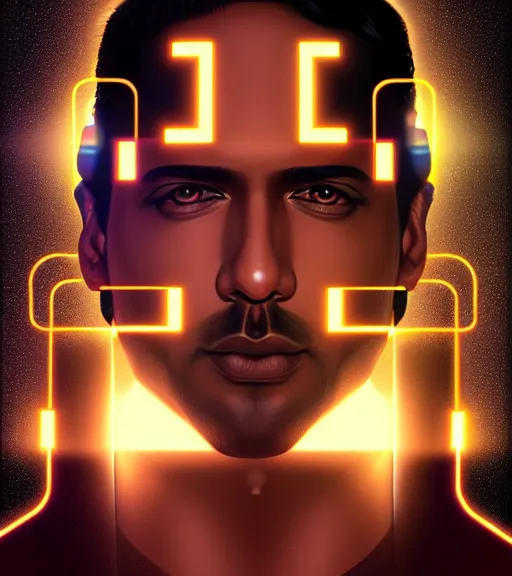 Image similar to symmetry!! indian prince of technology, solid cube of light, hard edges, product render retro - futuristic poster scifi, lasers and neon circuits, brown skin handsome indian prince, intricate, elegant, highly detailed, digital painting, artstation, concept art, smooth, sharp focus, illustration, dreamlike, art by artgerm