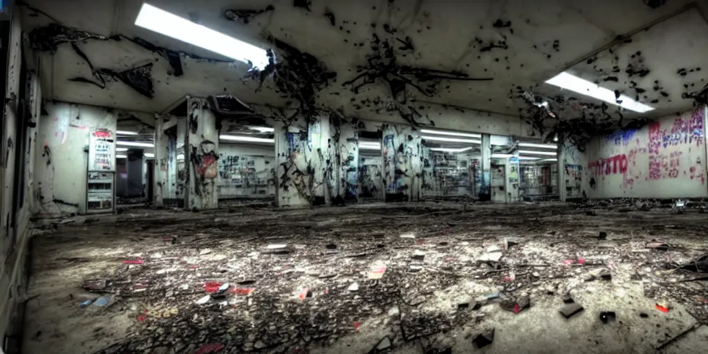 Prompt: abandoned replicant factory in a convenience store, damaged camcorder video