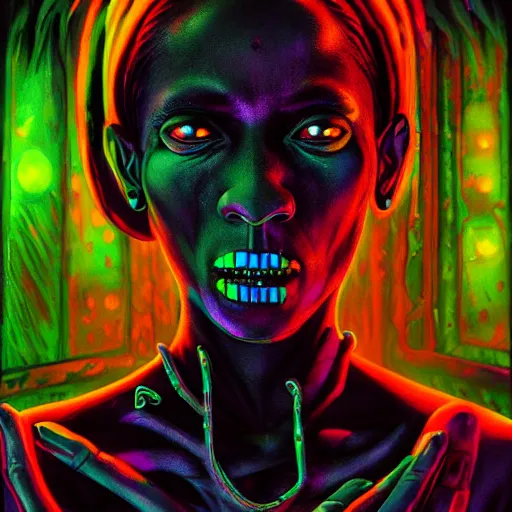 Image similar to a death tarot featuring a haitian voodoo priestess with menacing eyes, blacklight neon colors, by anton semenov and android jones in cyberpunk voodoo style, oil on canvas, 8k, volumetric lighting