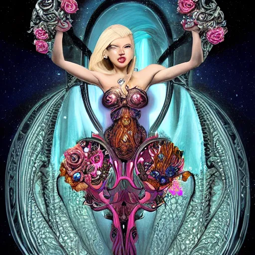 Image similar to blonde girl in a cosmic dress, full-body tattoos, ornate, rococo, grotesque, zbrush art, majestic, organics, silver filigree, colorful, dark fantasy, celtic knot, anatomical, h r giger style, moebius, frank frazetta, ornate, art nouveau, symmetrical, turquoise jewelry, red smoke, roses, unbiased render, rotten, Emil melmoth, eerie, macabre, haunting + insanely detailed and intricate, floral, faded pink, hypermaximalist, elegant, vintage, hyper realistic, super detailed, pastel colors,