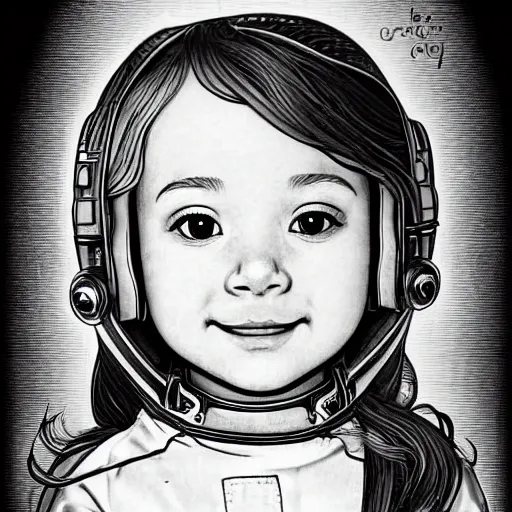 Image similar to clean simple line art of a cute little girl with a mischievous face and short brown wavy curly hair. she is dressed as an astronaut. no background. well composed, clean coloring book page, beautiful detailed face. coloring book line art by artgerm and greg rutkowski and johanna basford and alphonse mucha