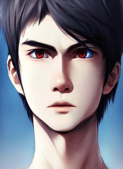 Image similar to detailed portrait art of boy with white three to seven hair, art by ross tran ilya kuvshinov krenz cushart, wear a white shirt, the left eye is black, the right eye is blue, and the bone is exposed on the right forehead, very detailed, intricate, digital anime art, sharp focus