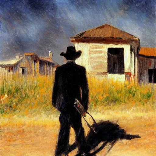 Image similar to the man in black and a revolver in hand walking around an abandoned western town, impressionist painting