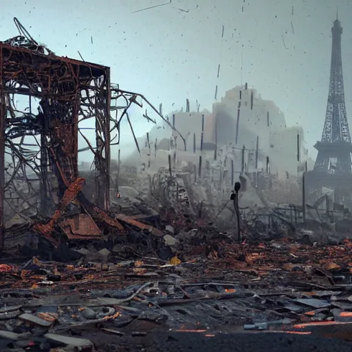 Image similar to A beautiful intricate 8K award-winning ground-level cinematic movie photograph of the future rusting rubble of the fallen and decimated Eiffel Tower, lying in pieces on the ground, surrounded by neon and collapsing corporate video billboard displays. in the year 2050, by Bruno Delbonnel and greg rutkowski. octane render, Arri Alexa 65. Cinematic lighting