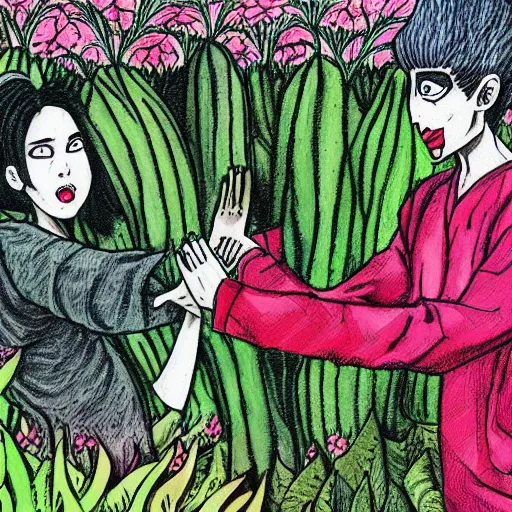 Prompt: a coloring book illustration of a fight in a garden style of junji ito