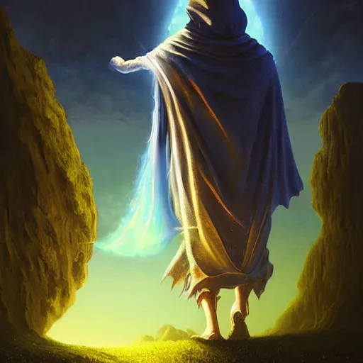 Image similar to a hooded mage walking on the hills while in the air there are clouds stars atmosferic ames eads casper david friedrich raphael lacoste vladimir kush tim white leis royo michael whelan bruce pennington volumetric light effect broad light oil painting painting fantasy art style sci - fi art style realism artwork unreal engine