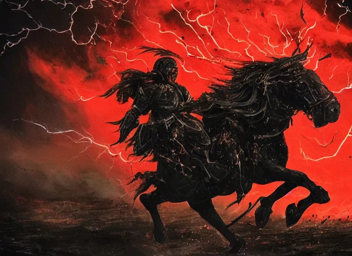 Prompt: a large man in full plate black armor splattered in blood while steaming rising from body, riding a large black horse with red glowing eyes, red shadowy wisps emanating from hair and eyes, blackened clouds cover sky crackling with lightning, rain in the distance, castle in flames and ruins, the ground is dark and cracked,