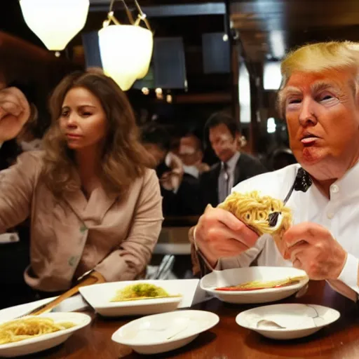 Prompt: Donald Trump eating ramen noodles in a restaurant