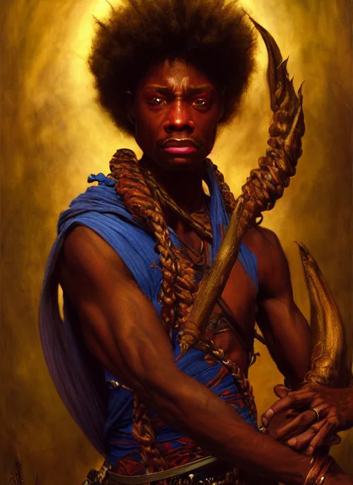 Prompt: african american wizard, full body, hyper realistic, extremely detailed, dnd character art portrait, dark fantasy art, intricate fantasy painting, dramatic lighting, vivid colors, deviantart, artstation, by edgar maxence and caravaggio and michael whelan and delacroix.